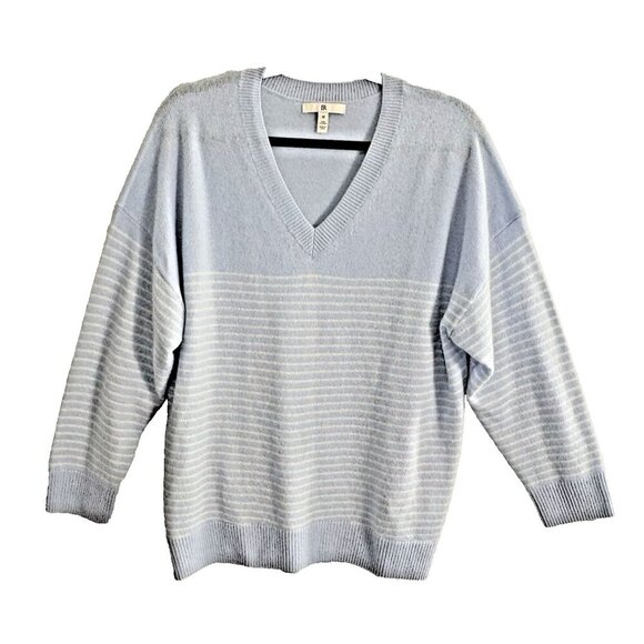 BANANA REPUBLIC Women Cashmere Sweater Size L Blue White Stripe V Neck 61-2 - Picture 1 of 9